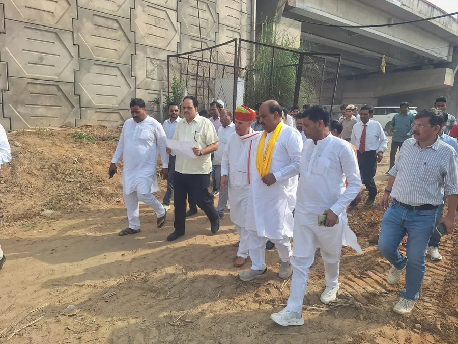 Officials on a site walk beneath an expressway flyover with reinforced-earth wall panels